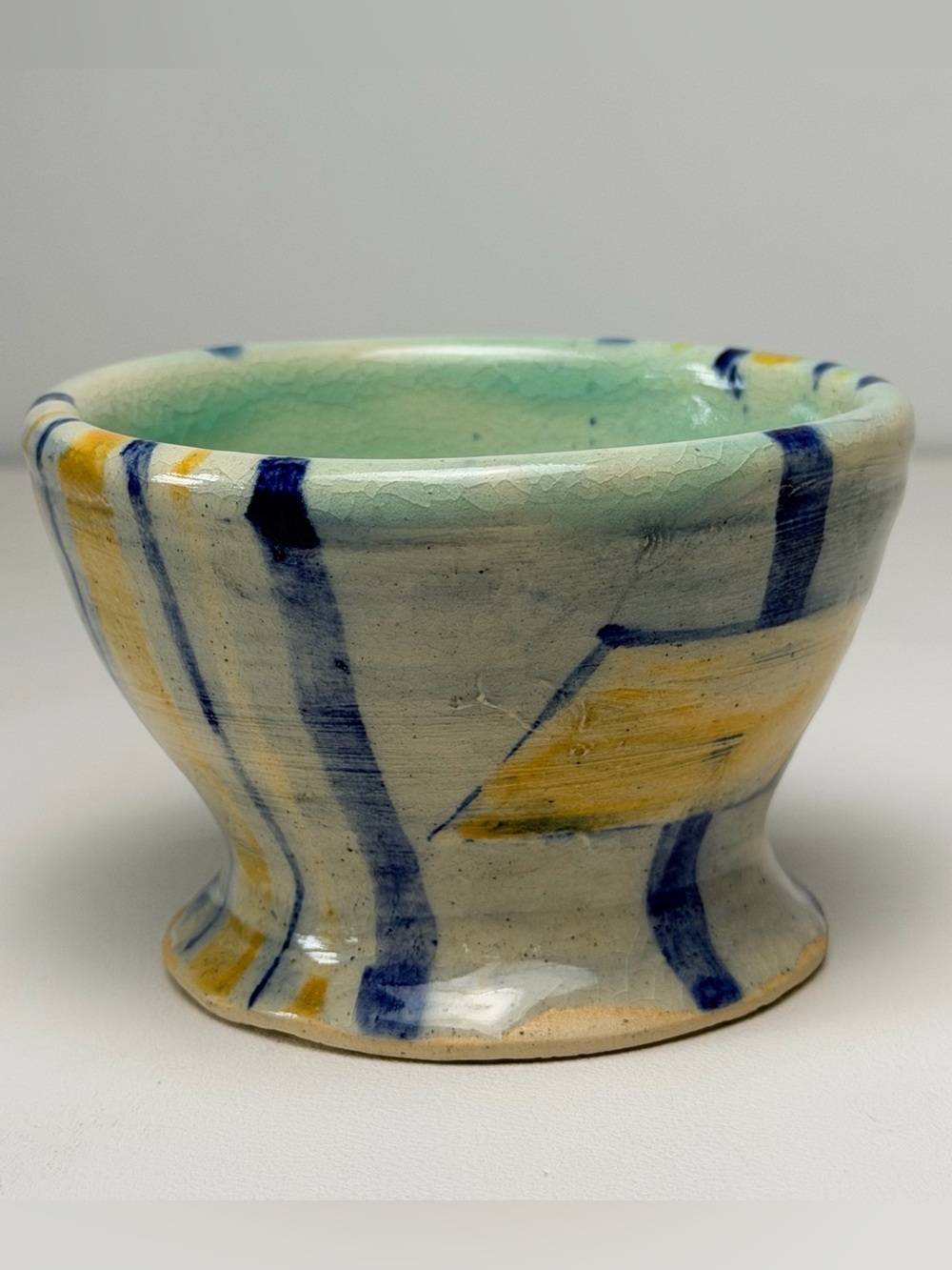 Artisan Handmade Ceramic Tea Bowl Footed Abstract Blue Yellow Glaze Signed